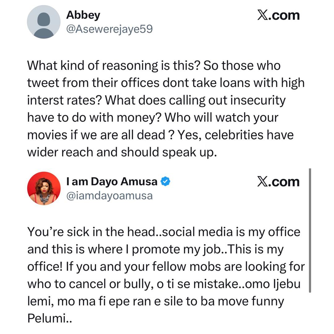 Insecurity: Actress Dayo Amusa trade words with X-users who cussed her out after she appealed to Nigerians to stop attacking her colleagues currently promoting their movies